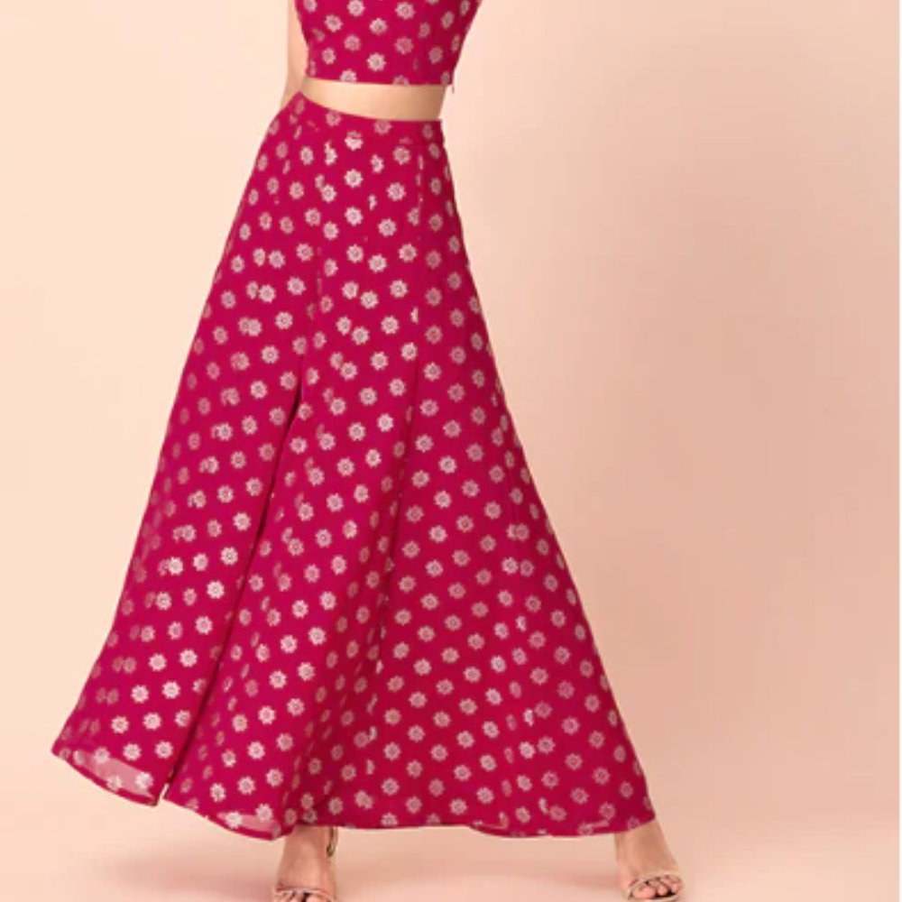 Hot Pink Brocade Foil Flared Palazzo Pants